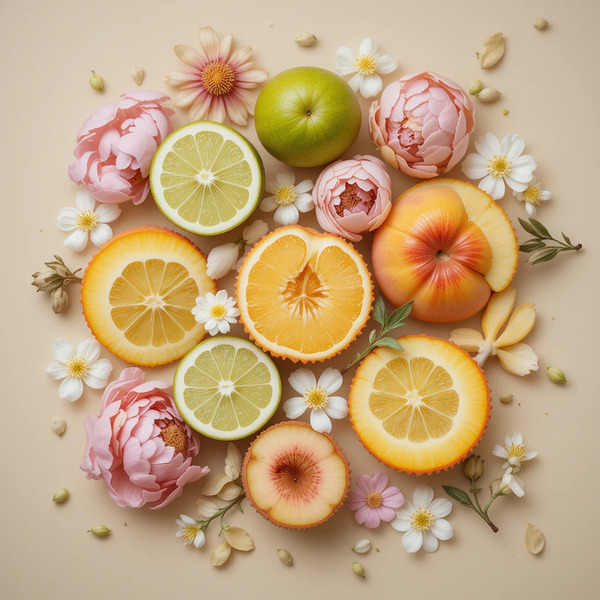 Vibrant Citrus and Floral Flat Lay – Aesthetic Fruit and Flowers Composition Print