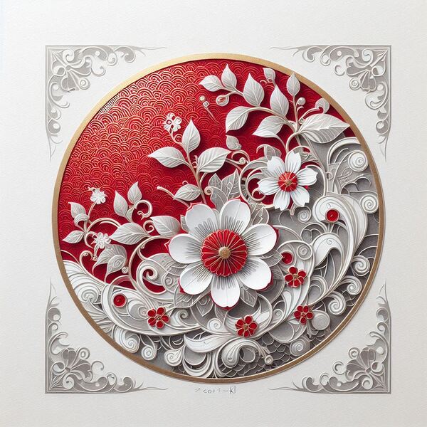 Elegant Floral Paper Cut Art – Luxurious Red & White Decorative Design by Carole Bally