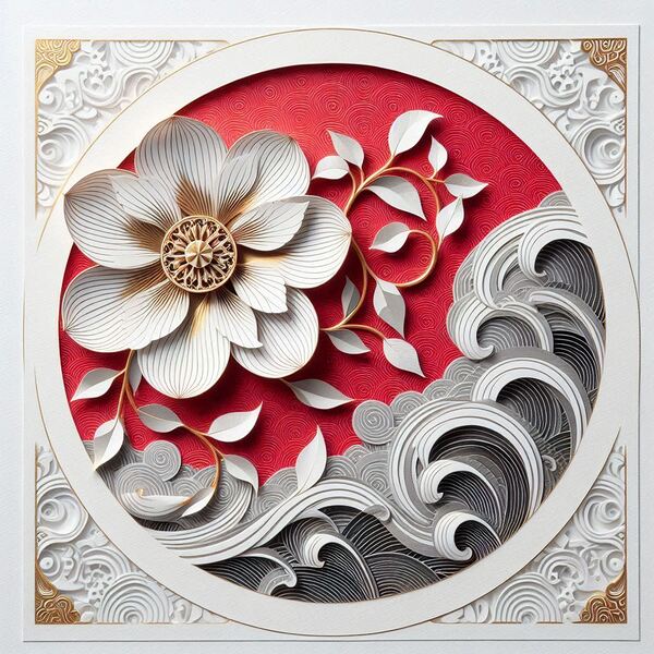 Elegant Japanese Paper Cut Art – Floral & Ocean Waves Design by Carole Bally
