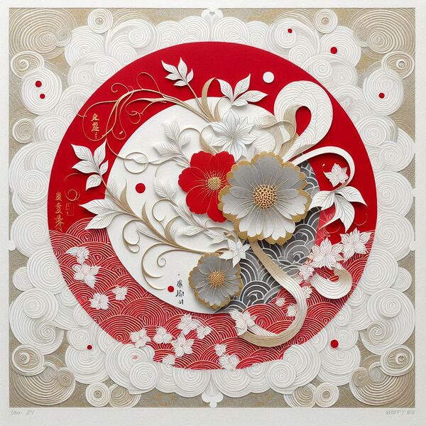 Elegant Japanese-Inspired Floral Paper Cut Art – Red White & Gold Design by Carole Bally