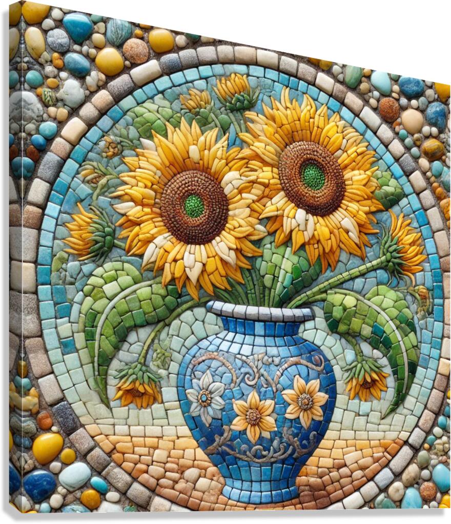 Stunning Mosaic Artwork of Sunflowers in a Decorative Blue Vase Canvas Print