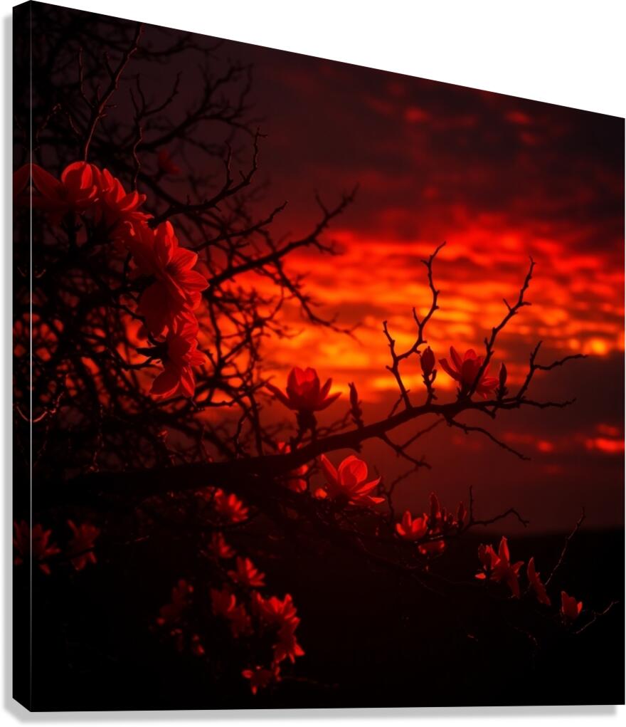 Dramatic Sunset with Glowing Red Flowers and Dark Silhouetted Branches Canvas Print