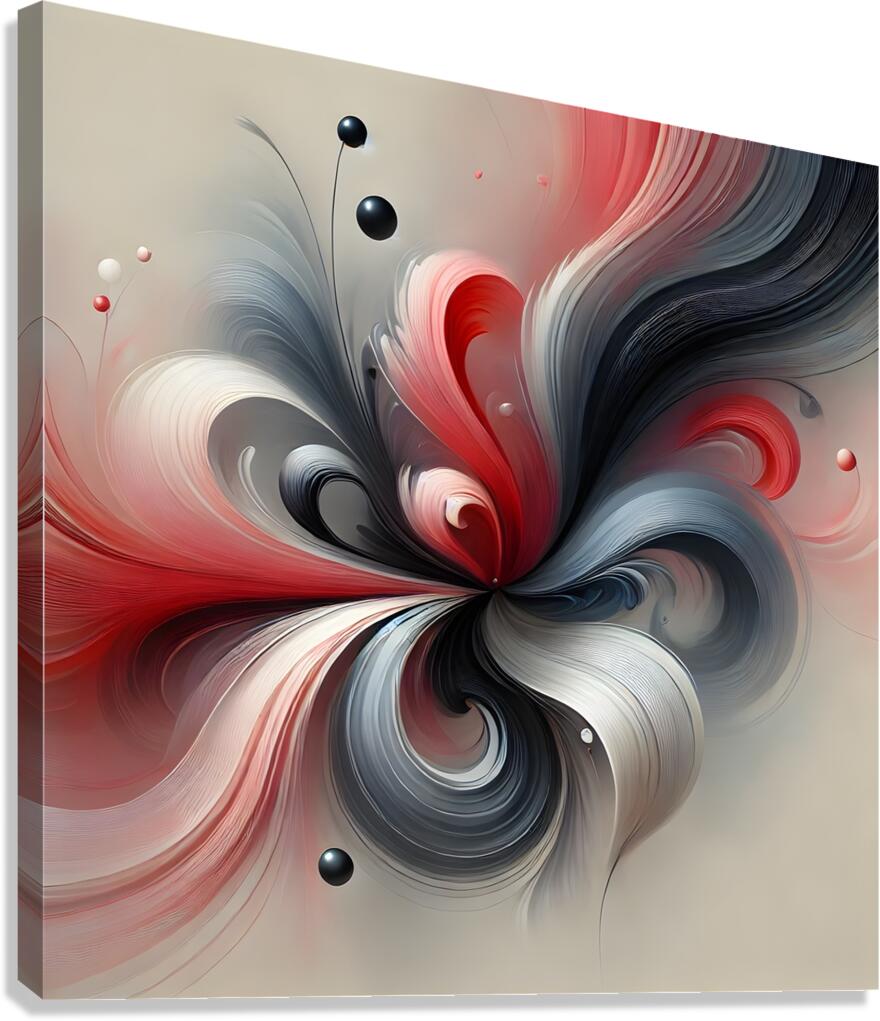  Abstract Floral Art – Red Gray & Black Swirling Fluid Painting Canvas Print