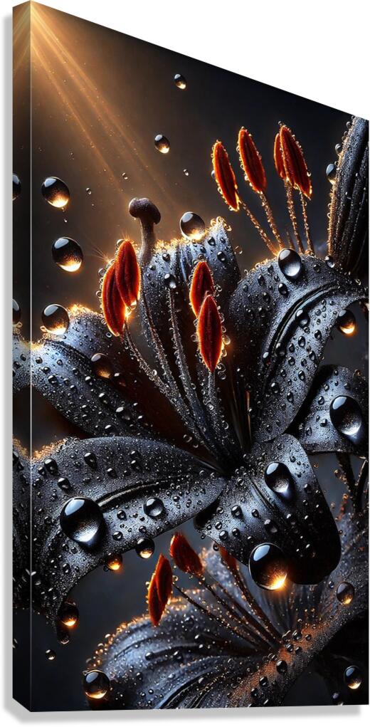 Black Lily with Dewdrops – A Stunning Dark Floral Macro Photography Canvas Print