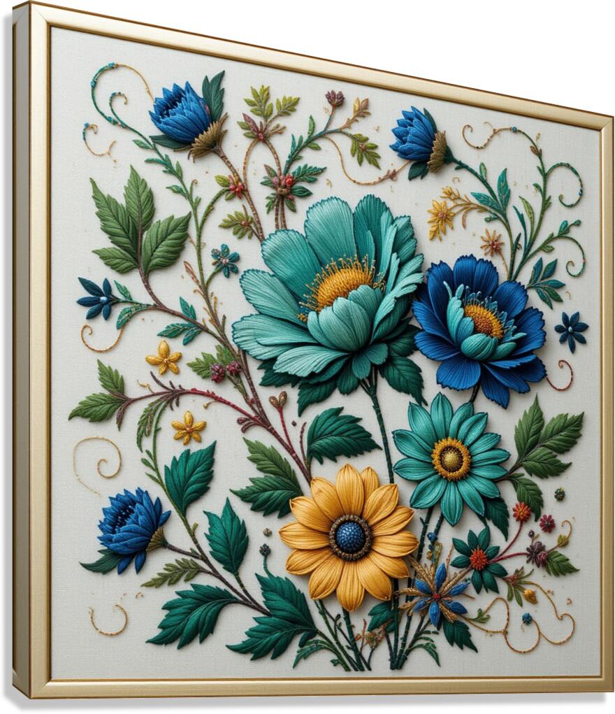 Exquisite Hand-Embroidered Floral Artwork – Vibrant Botanical Textile Art Canvas Print