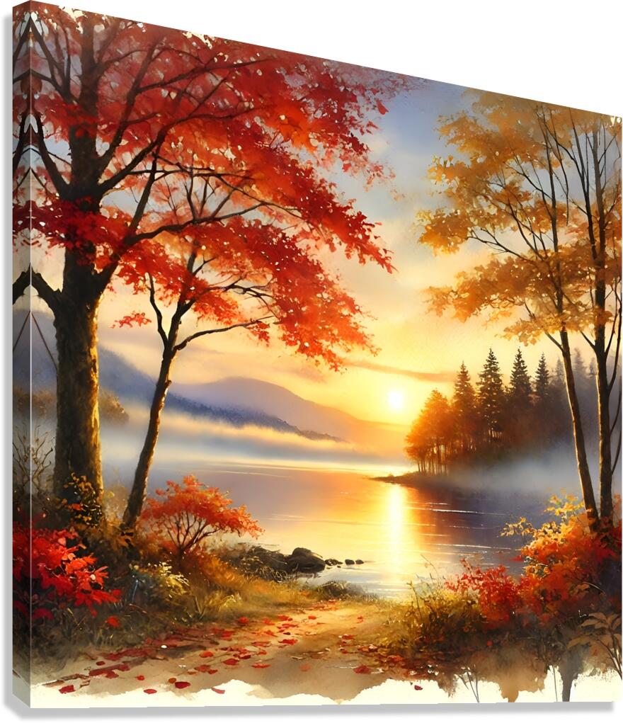 Tranquil Autumn Sunrise Over a Misty Lake Canvas Print