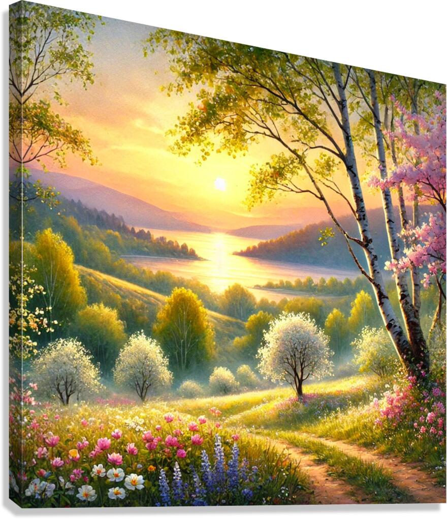 Serene Spring Sunset Over a Blooming Landscape Canvas Print