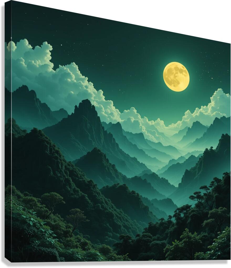 Mystical Full Moon Over a Majestic Mountain Landscape at Night Canvas Print