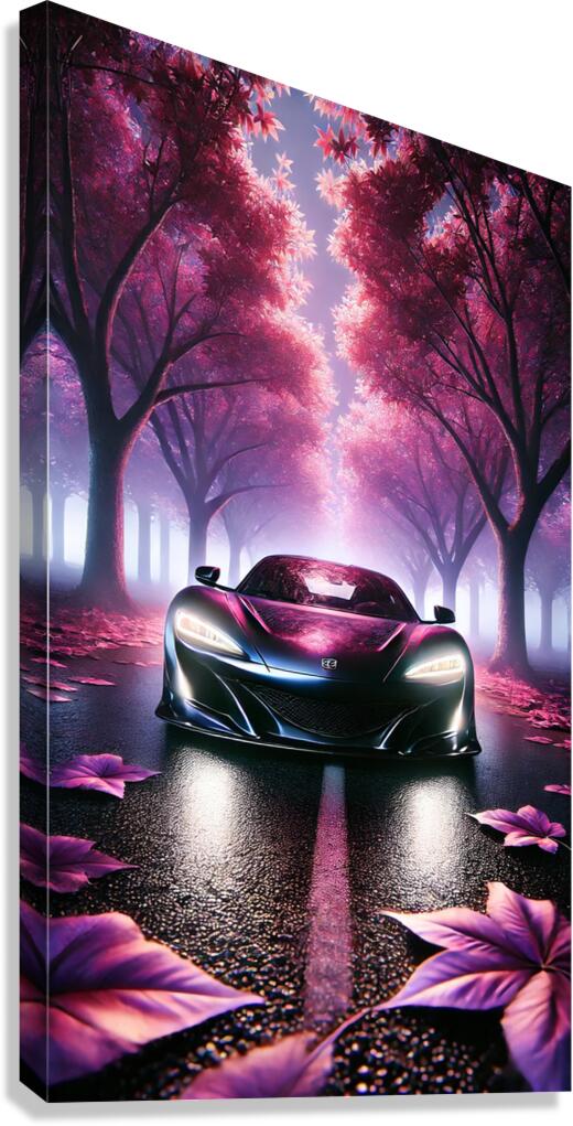 Luxury Supercar in a Dreamy Pink Forest – Stunning Night Drive Canvas Print