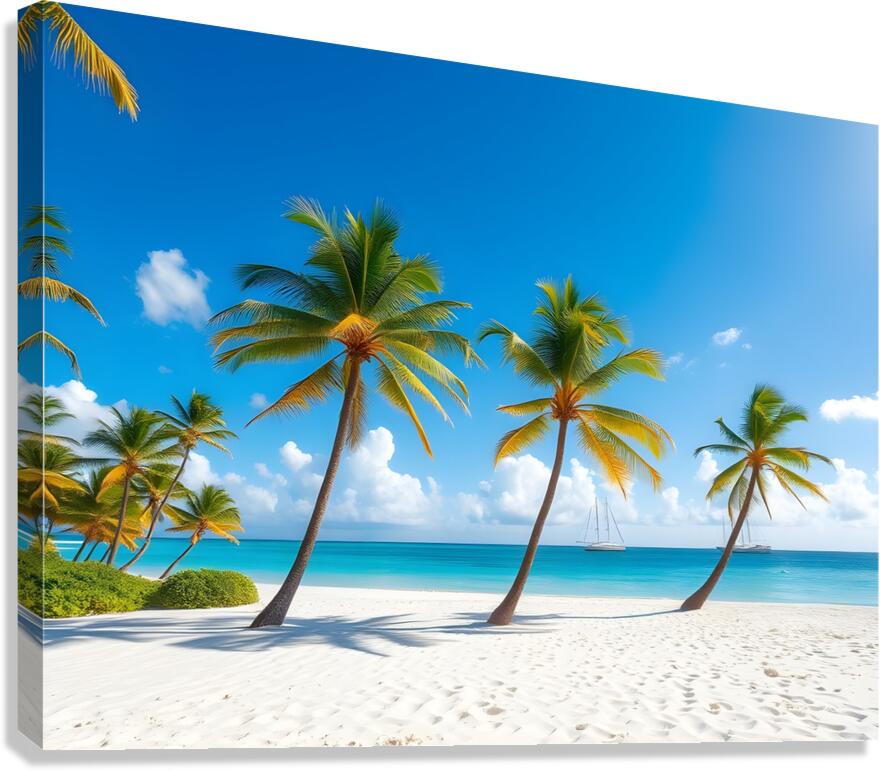 Tropical Paradise: White Sand Beach with Swaying Palm Trees and Yachts Canvas Print