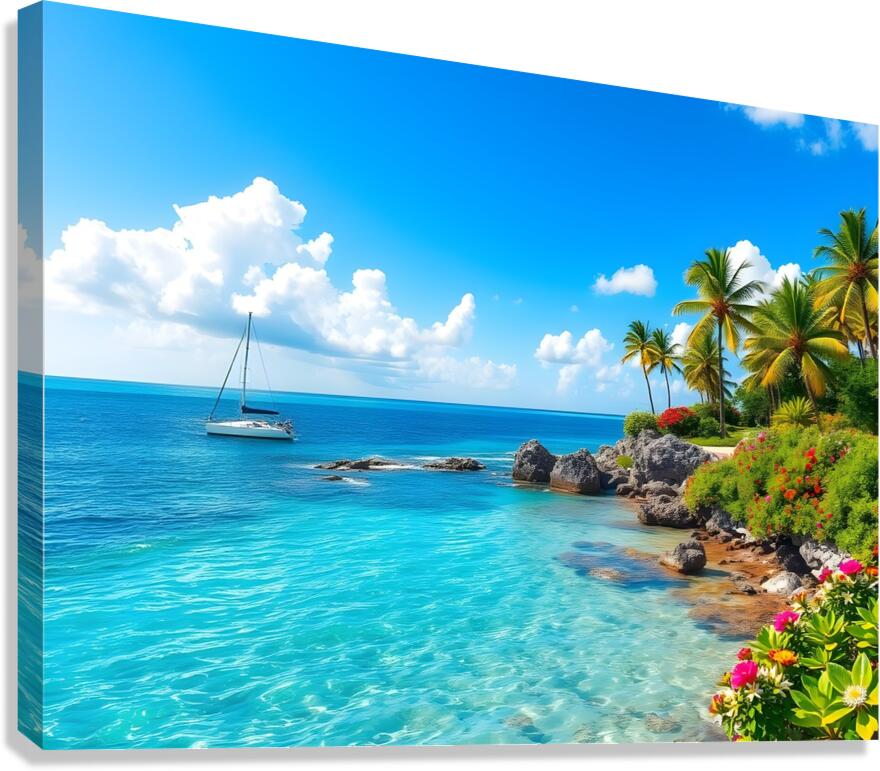 Tropical Paradise with Turquoise Waters Palm Trees and a Sailing Yacht Canvas Print