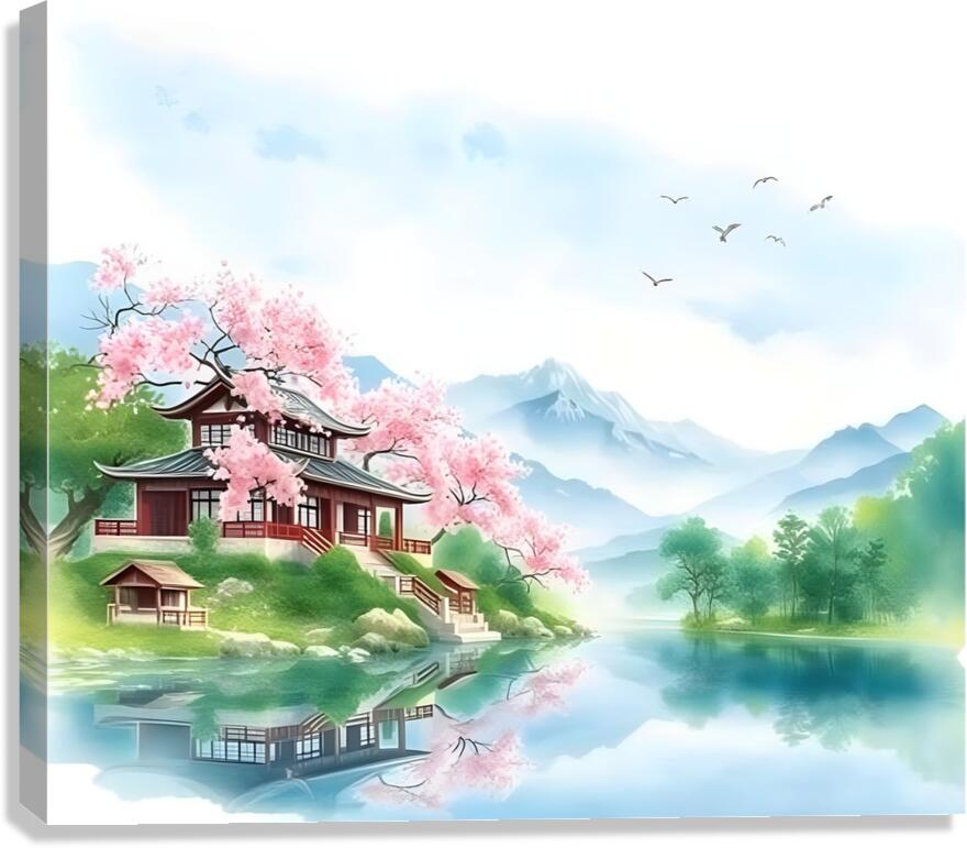 Tranquil Japanese Garden with Cherry Blossoms and Mountain Lake Canvas Print