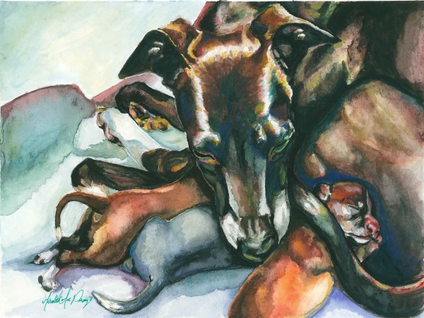 Motherhood Italian Greyhound with Puppies Sighthound art Greyhound art by Meredith Mae