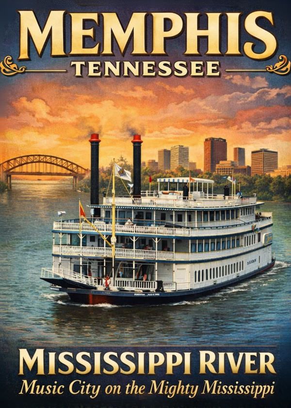 Memphis Tennessee. Mississippi River. Music City on the Mighty Mississippi River. . Vintage Hollywood Art. Giclee Paper- Wood- Metal- Canvas by Doug and Teresa Johnson