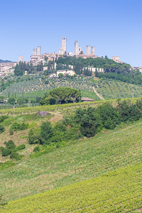 San Gimignano village Italy: green countryside blue sky hill 