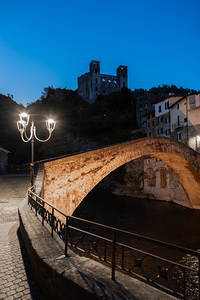 Dolceacqua Castle and Old Bridge at Blue Hour Before Sunrise Li