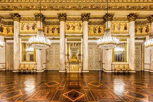 Baroque ballroom interior in Royal Palace. Luxury marble antiqu