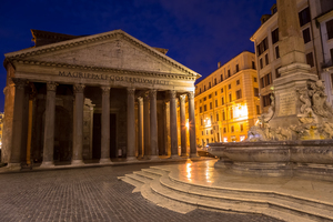 Illuminated Pantheon by night. One of the most famous historic landmark in Italy.