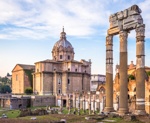 ROME ITALY: sunrise light with blue sky on Roman ancient architecture.