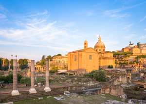 Sunrise light with blue sky on Roman ancient architecture in Rom