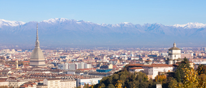 Turin panorama with Alps and Mole Antonelliana Italy. Skyline o