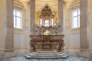 VENARIA REALE ITALY: Baroque catholic church altar. Old interior religious building.