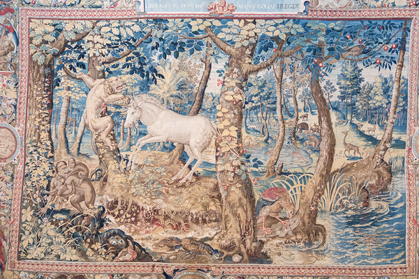 Detail of antique Italian tapestry in Borromeo Palace. Ancient d Print