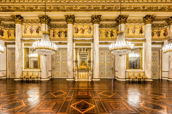 Baroque ballroom interior in Royal Palace. Luxury marble antiqu Print
