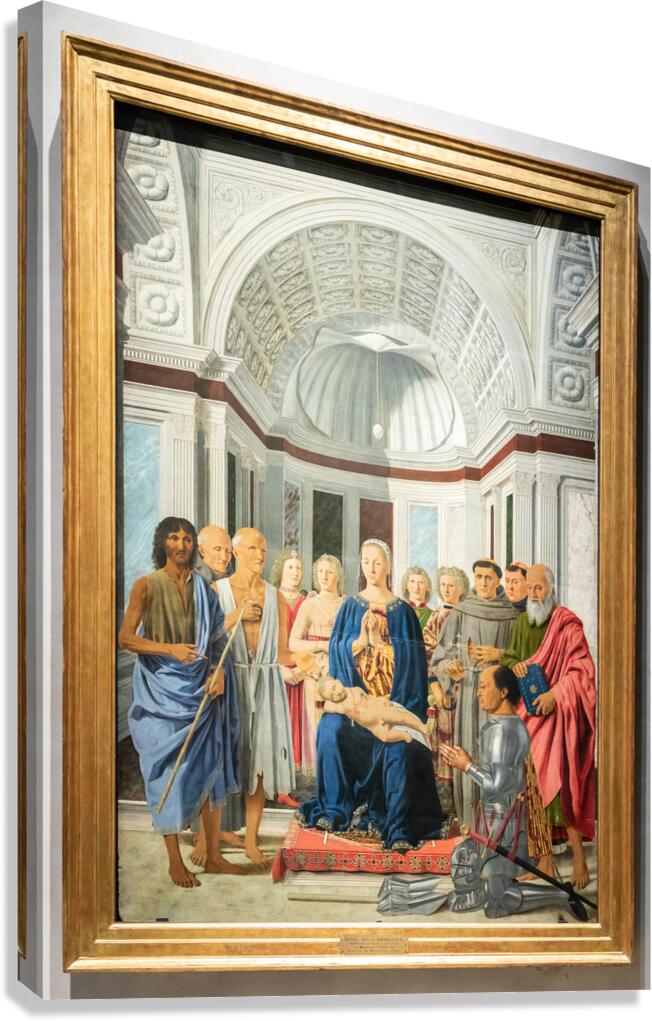 Madonna and child with saints angels and Federico da Montefeltr Canvas Print