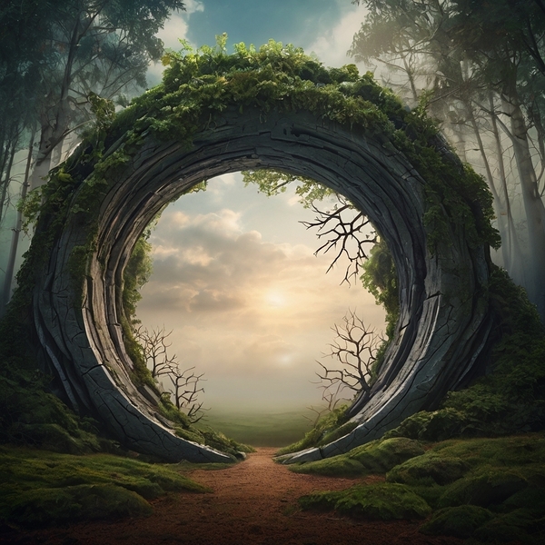 Surreal background depicting a huge portal opening into a fantasy world. The portal is made of intertwined trees Print