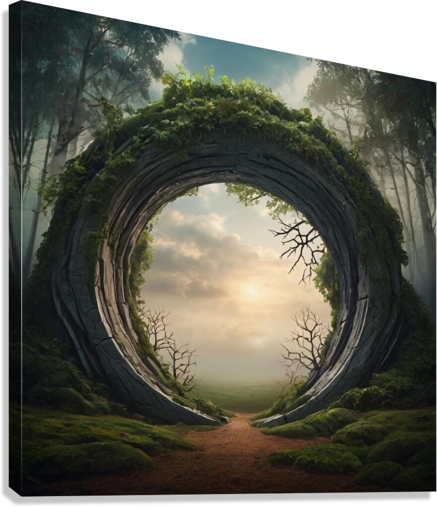 Surreal background depicting a huge portal opening into a fantasy world. The portal is made of intertwined trees Canvas Print