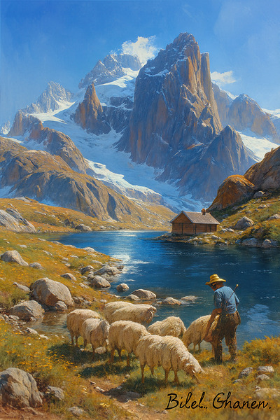 Mountain Majesty: Shepherd & Cabin Wall Art by Bilel Ghanem by Digital forage
