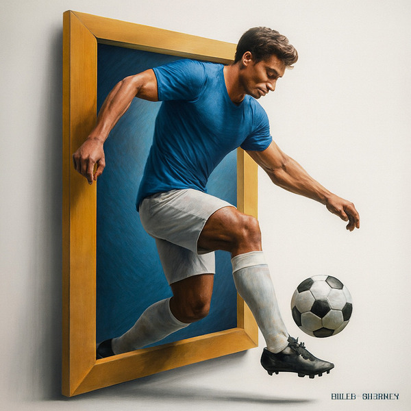 3D Soccer Wall Art – Dynamic Athlete Emerging from Frame | Bilel Ghanem Signa by Digital forage