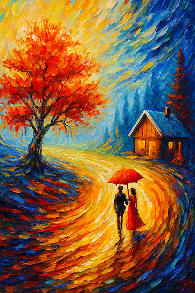 Romantic Surreal Wall Art – Couple Under Red Umbrella in Dreamy Autumn Landscape by Digital forage