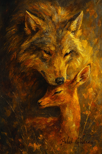 Harmony in Contrast: Wolf and Gazelle Wall Art by Bilel Ghane by Digital forage