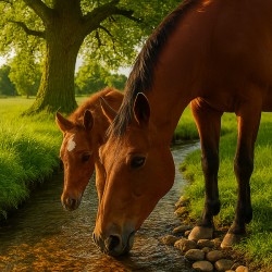 Chestnut Horse Drinking by Stream Under Oak Tree – Nature Wall Art Photography
