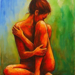 Emotive Wall Art – Abstract Figure in Warm Tones on Blue-Green Background