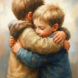 Emotional Wall Art of Brothers Hugging – Tender Childhood Moment