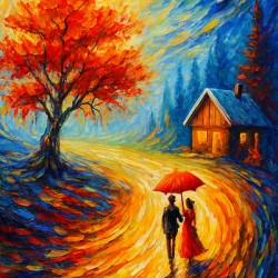 Romantic Surreal Wall Art – Couple Under Red Umbrella in Dreamy Autumn Landscape