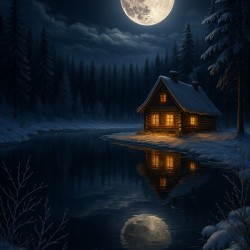 Moonlit Winter Cabin – Mystical Night Landscape Wall Art by Bilel Ghanem