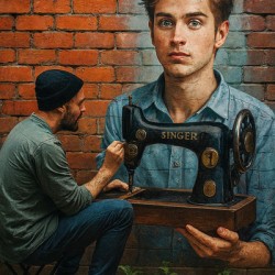 Realistic Wall Art Mural of Man with Singer Sewing Machine – Urban Brick Style