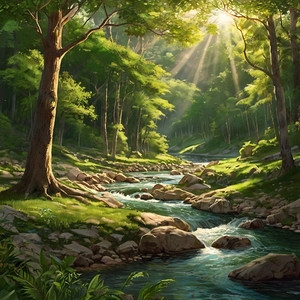A natural landscape featuring a lush green forest in spring