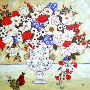 Blooms with Ivory Vase and Pear