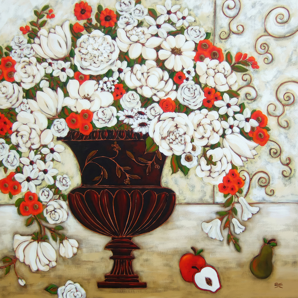 Red and White Blooms With Apples and Pear Print