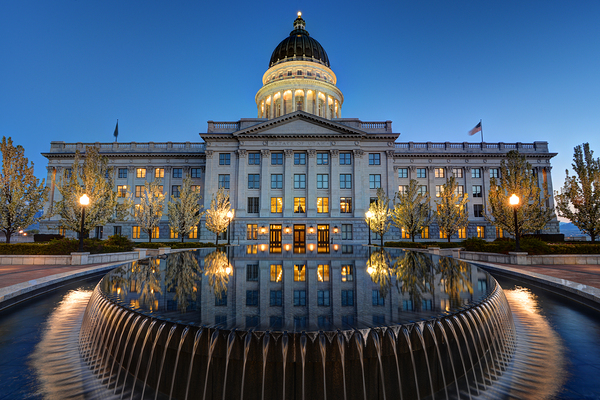 Utah State Capitol in Reflecting Fountain at Dusk by Gary Whitton