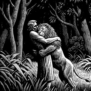 Embrace of Friendship - An Artistic Depiction of the Eternal Bond Between Man and Animal