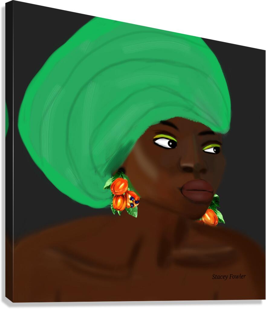 Jamaican Woman in Green Head Wrap with Ackee Earrings Canvas Print