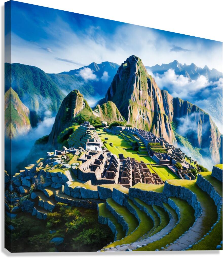a vibrant and hyper-realistic painting of Machu Picchu Canvas Print
