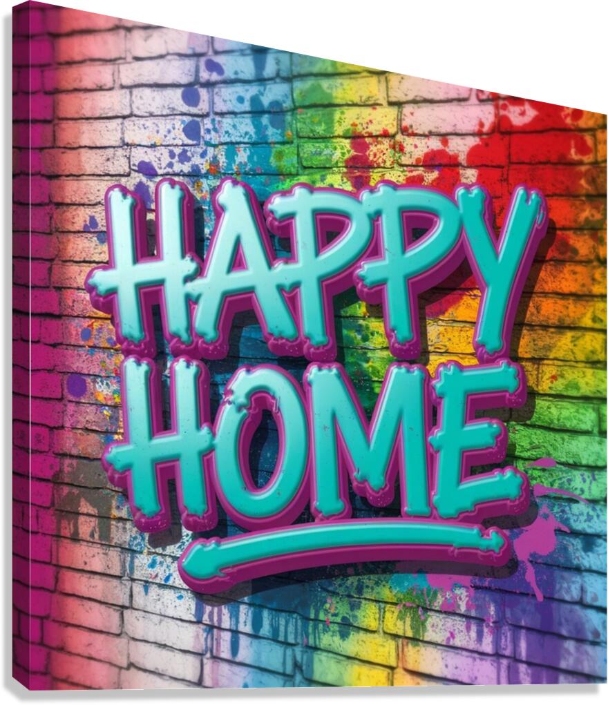  colorful graffiti-style image. The focal point is the bold eye-catching letters HAPPY HOME Canvas Print