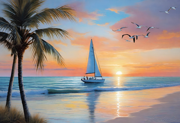 Sailboat At Sunset Print